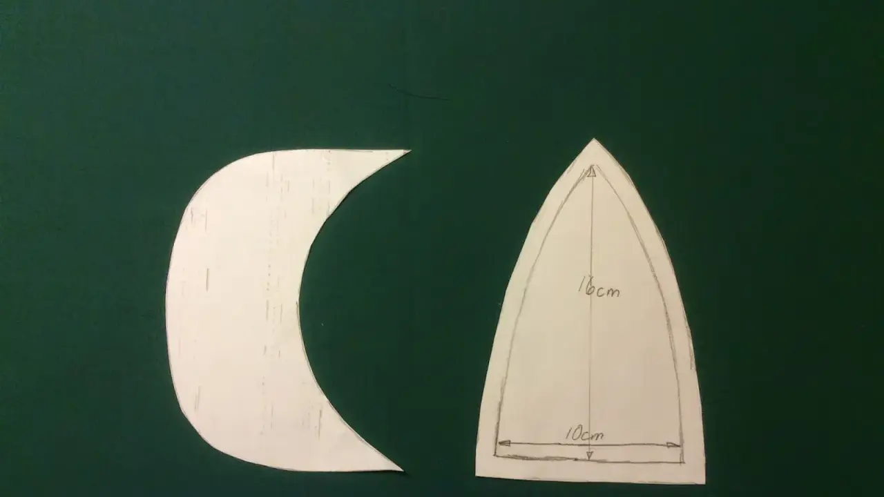 Mallar för att sy keps. En del är böjd som en banan, den andra är spetsig med måtten 16x10 cm.