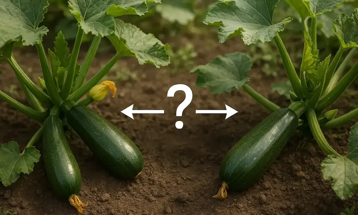 Deux courgettes mûres sur leurs plants, avec un point d'interrogation et des flèches suggérant la question de la plantation courgette distance idéale.