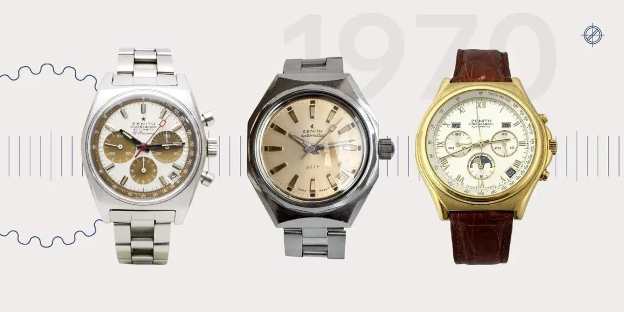 Tre orologi Zenith storici: un cronografo El Primero, un Defy e un modello in oro con fasi lunari.