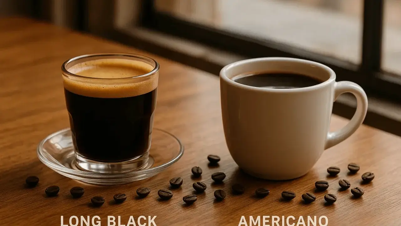 Long Black vs Americano: zwei Kaffeegetränke auf einem Holztisch, umgeben von Kaffeebohnen.