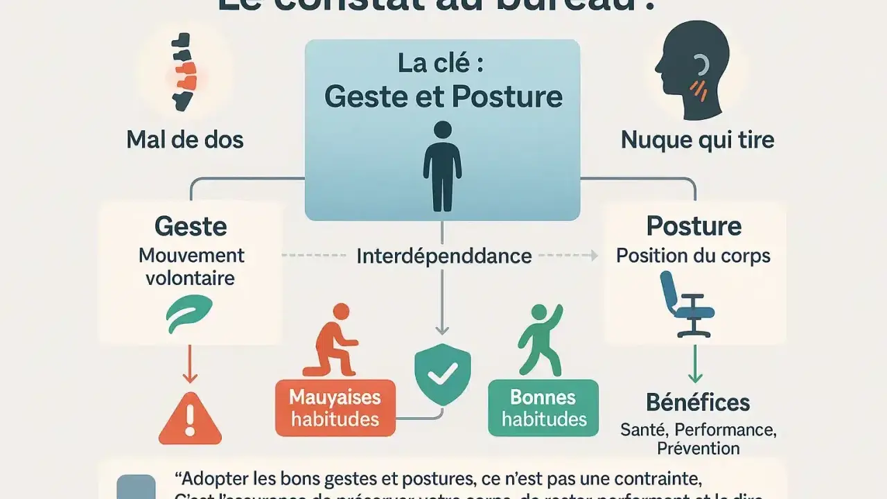 Schéma illustrant le lien entre gestes, posture et risques ergonomiques (mal de dos, nuque qui tire). Bonnes habitudes pour la santé.