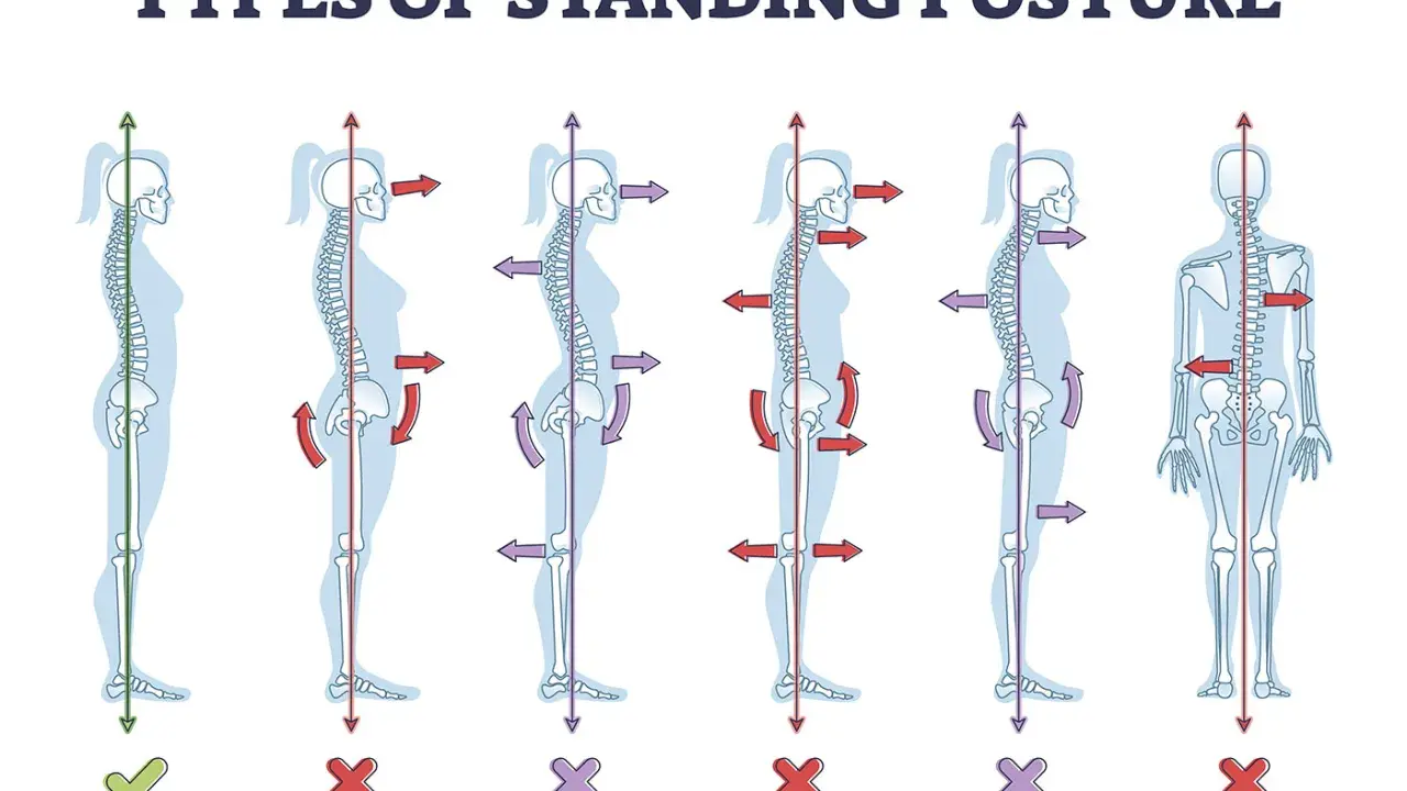 Illustration zeigt verschiedene Körperhaltungen: neutrale, Lordose, Kyphose, flacher Rücken, Hohlkreuz und Skoliose. Schlechte haltung wird durch rote Kreuze markiert.