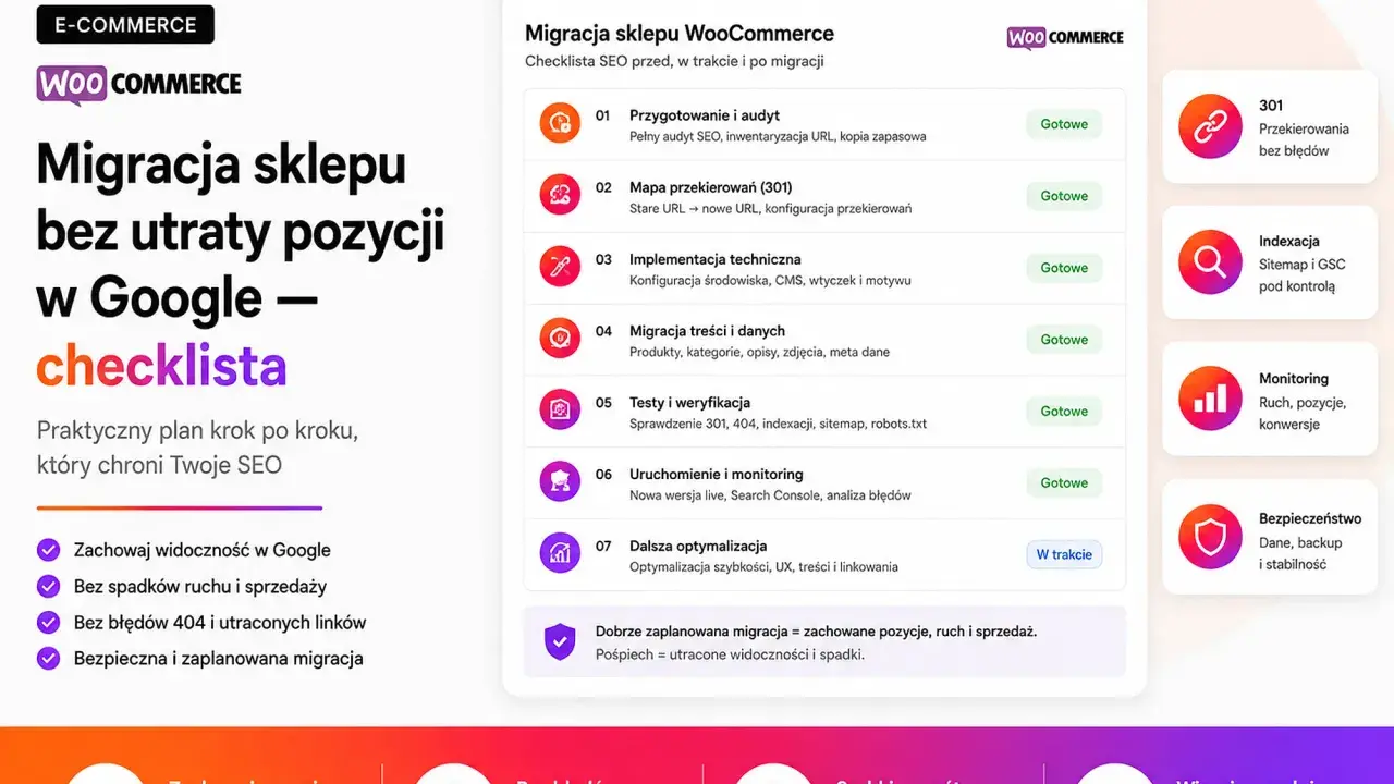 Checklista migracji sklepu WooCommerce. Plan krok po kroku, by zachować pozycje w Google. Jak w **golang switch case**, wybierasz ścieżkę, by uniknąć błędów 404 i utraty ruchu.