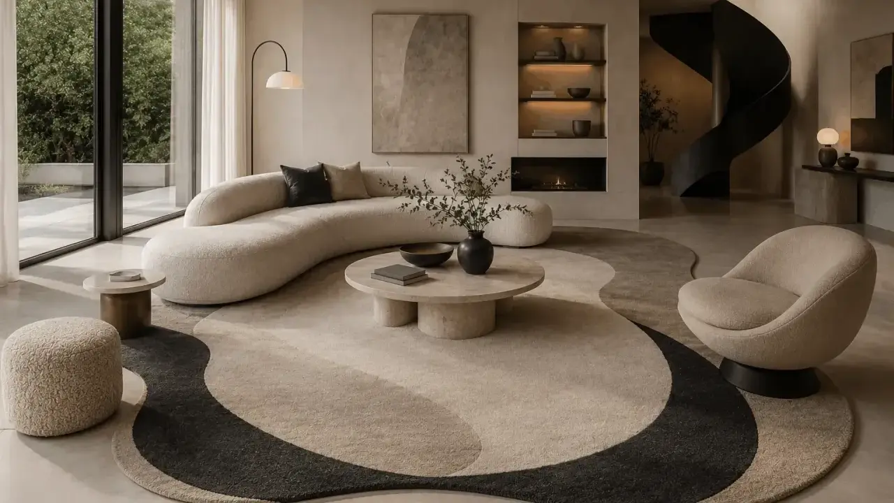 En stor, böljande matta under en elegant soffa skapar en inbjudande sittgrupp.