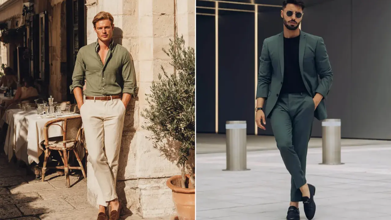 Two men showcase stylish outfits. One wears a green shirt with cream pants, demonstrating colors that go with green for a casual look. The other sports a green suit, proving green's versatility.