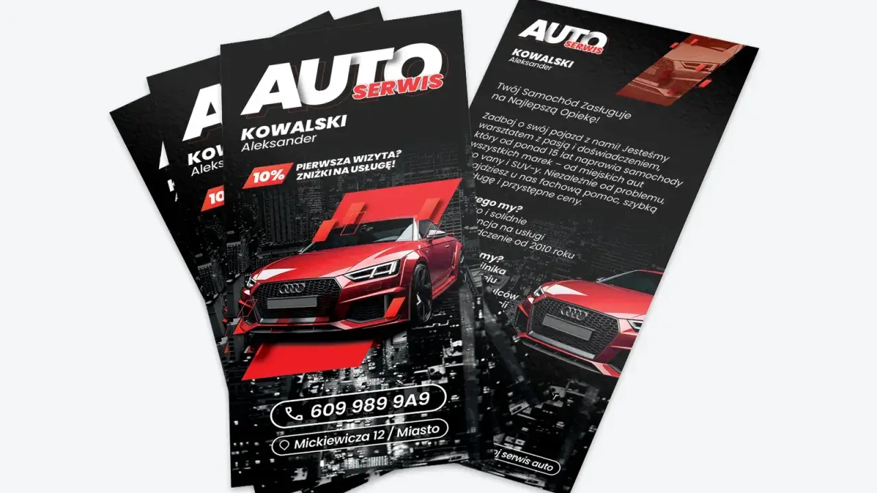 Projekt ulotki online dla Auto Serwis Kowalski. Czerwony sportowy samochód na tle nocnego miasta. Oferta 10% zniżki na pierwszą wizytę.