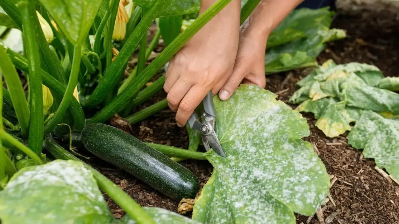 Mains coupant une feuille blanche de courgette atteinte de mildiou. Une courgette verte est visible à côté.