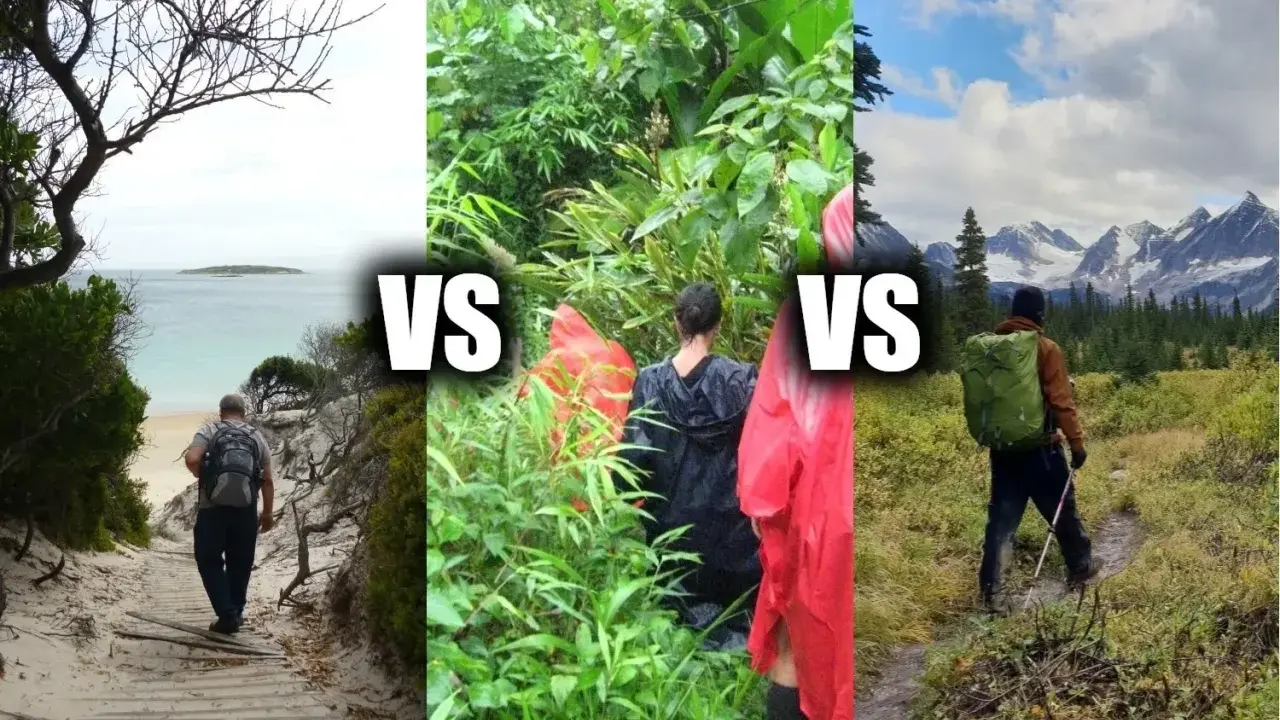 Trzy sceny: człowiek na plaży, dwie osoby w deszczu, mężczyzna w górach. **Trekking vs hiking** - różne formy aktywnego wypoczynku.