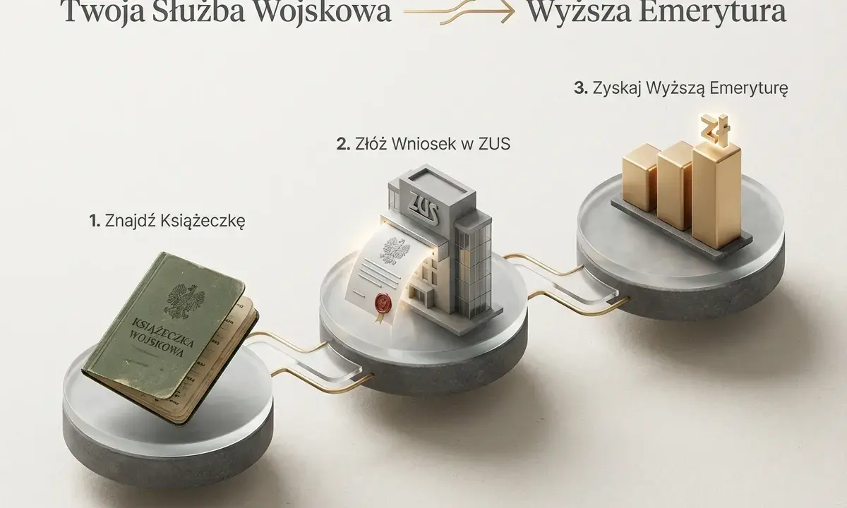 Grafika przedstawia proces: książeczka wojskowa, budynek ZUS z dokumentem, złoty wykres wzrostu.