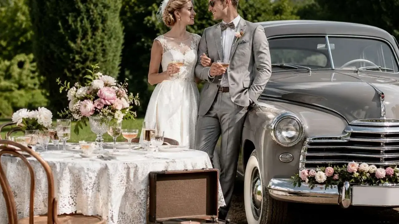 Para młoda w stylu retro przy stole z kwiatami i starym samochodem. Wesele w stylu retro z winylowym gramofonem.