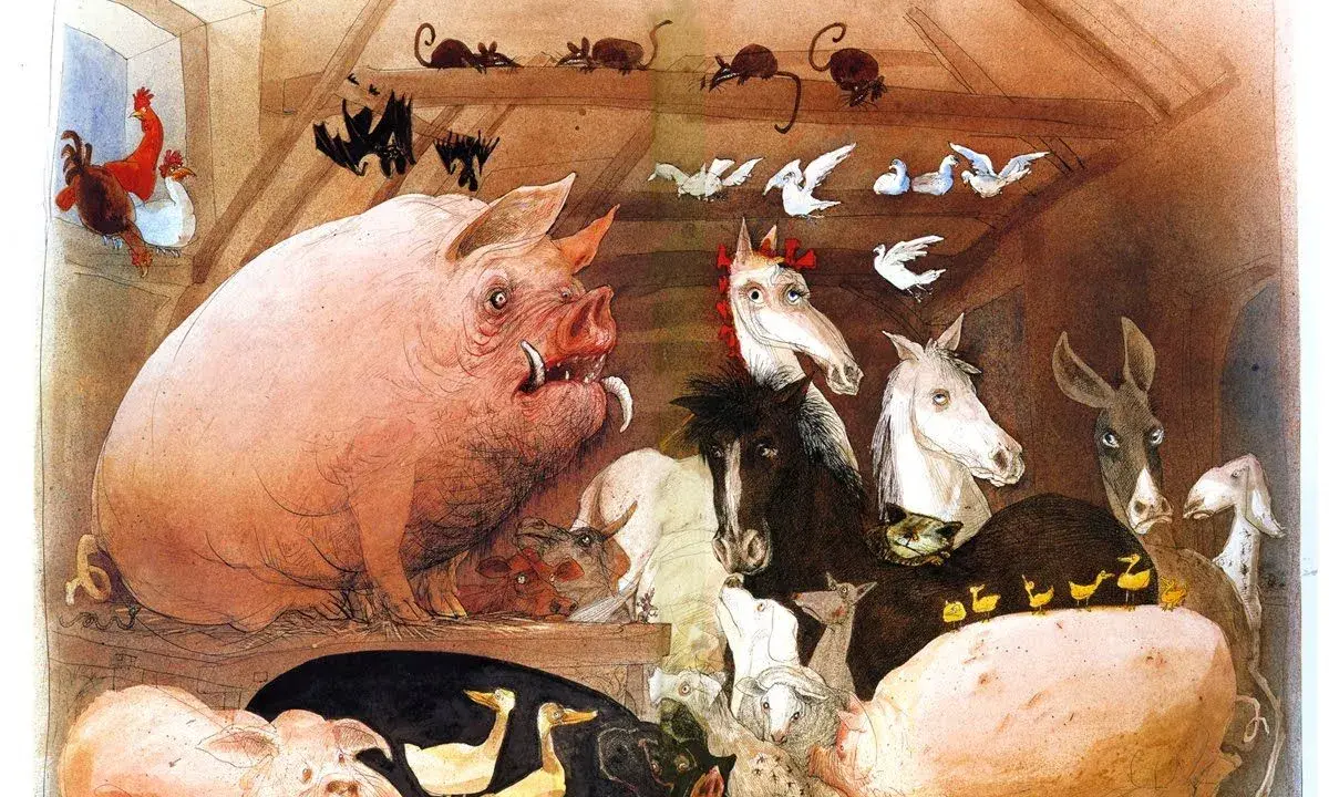 La fattoria degli animali, un'allegoria della rivoluzione russa, mostra maiali, cavalli, galline e altri animali in una stalla.