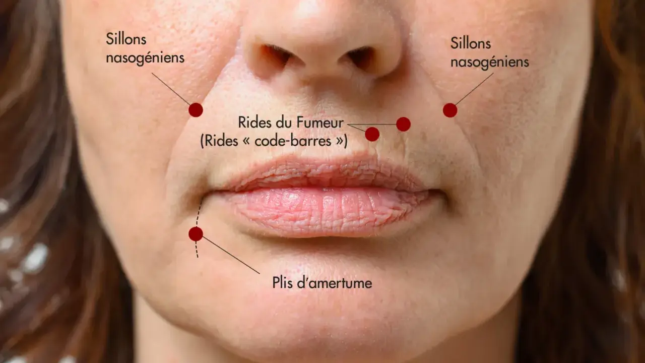 Gros plan sur le bas du visage d'une femme, montrant les sillons nasogéniens, les rides du fumeur et les plis d'amertume.