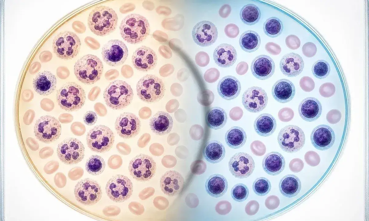 Ilustracja przedstawia porównanie komórek krwi: po lewej neutrofile i erytrocyty w kolorze żółtym, po prawej limfocyty i erytrocyty w kolorze niebieskim.