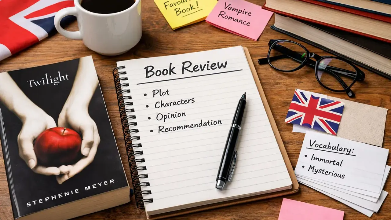 Kawa, książka "Zmierzch", notatnik "Book Review" i karteczki z napisem "Vampire Romance". Idealne miejsce na krótkie opowiadanie po angielsku.