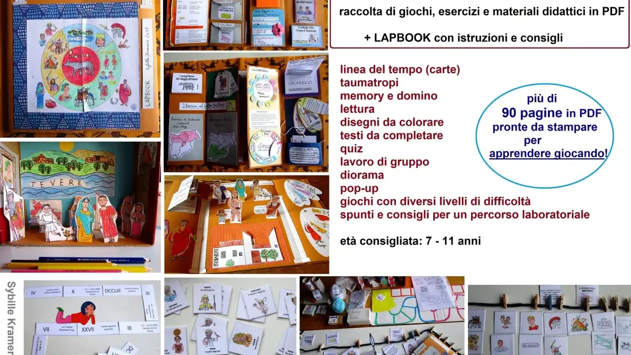 Collage of Roman civilization lapbook and craft projects, including a diorama, cards, and cutouts.