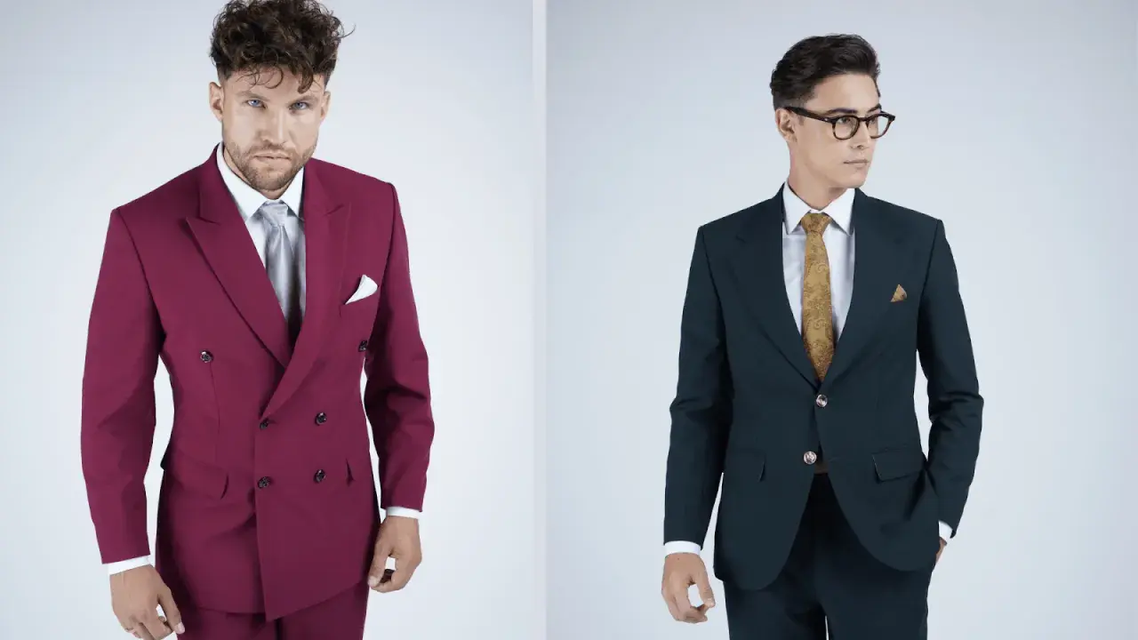 Two men in suits. Left: burgundy double vs single breasted coat. Right: dark green single breasted coat.
