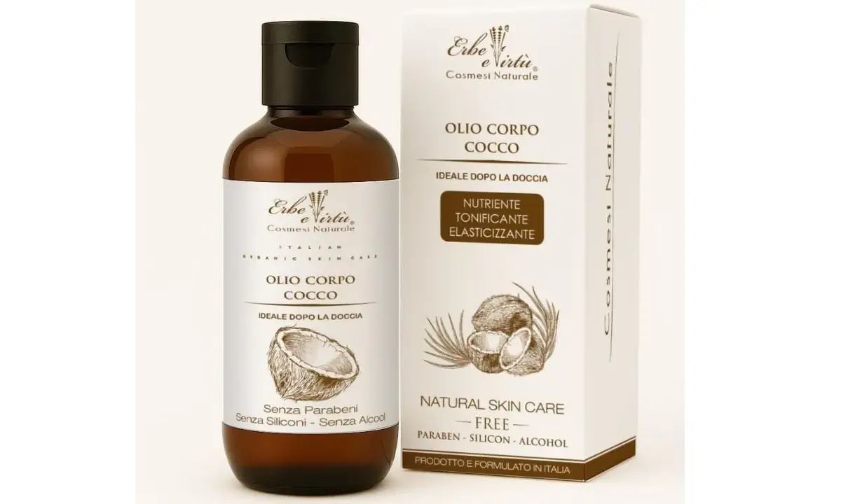 Flacone e scatola di olio corpo al cocco, ideale dopo la doccia, nutriente e elasticizzante. Naturale e senza parabeni.