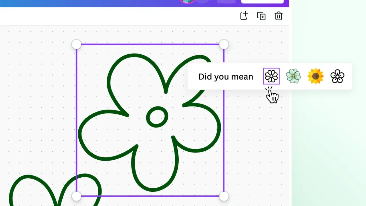 Interfaccia di disegno online. Suggerimento "Did you mean" con diverse opzioni di fiori.