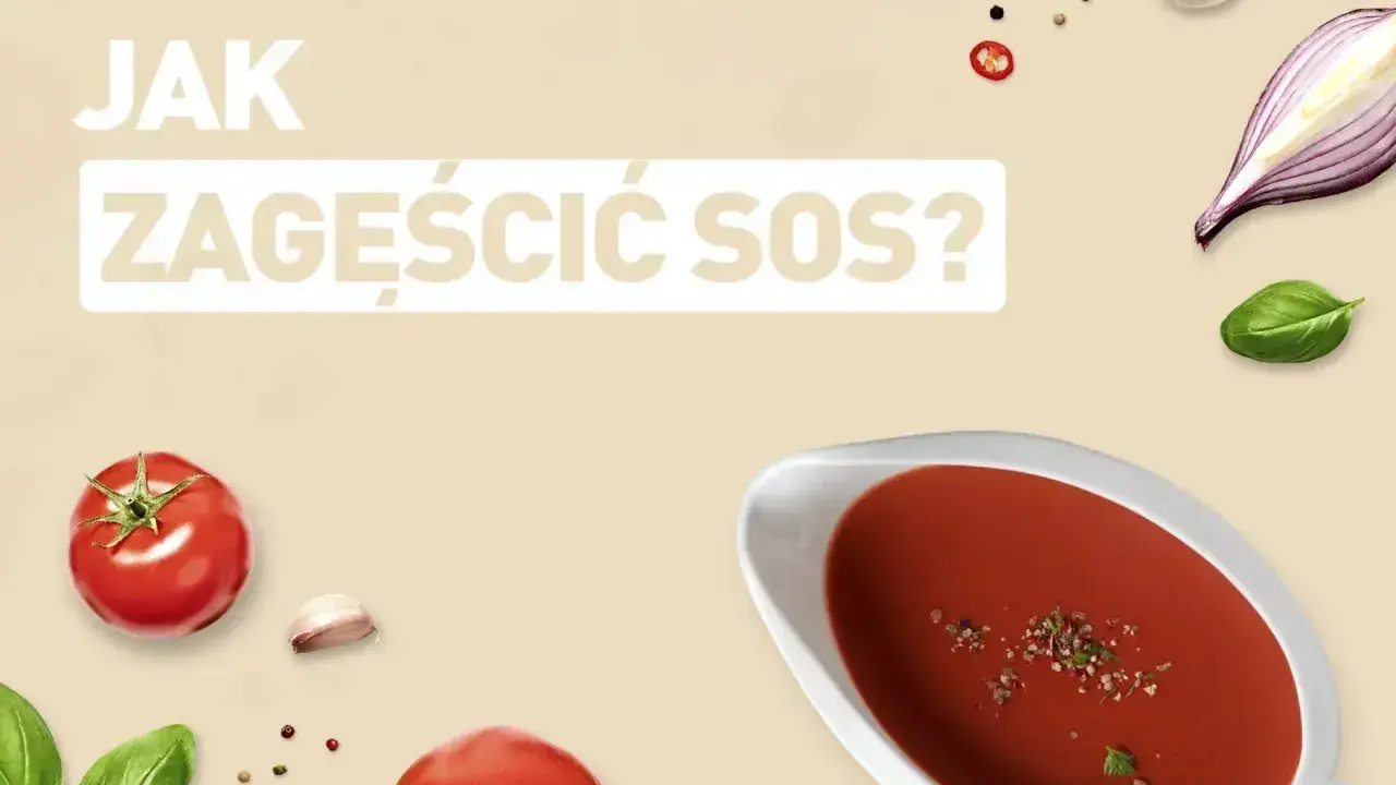 Jak zagęścić sos? Na tle składników: pomidory, bazylia, czosnek, cebula, papryczka chili i pieprz.