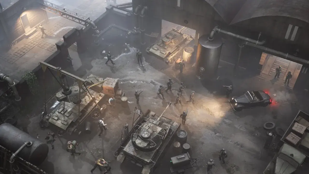 Scena wojenna z czołgami i żołnierzami, jakby z gry "War Mongrels". Wszędzie chaos i ruch.