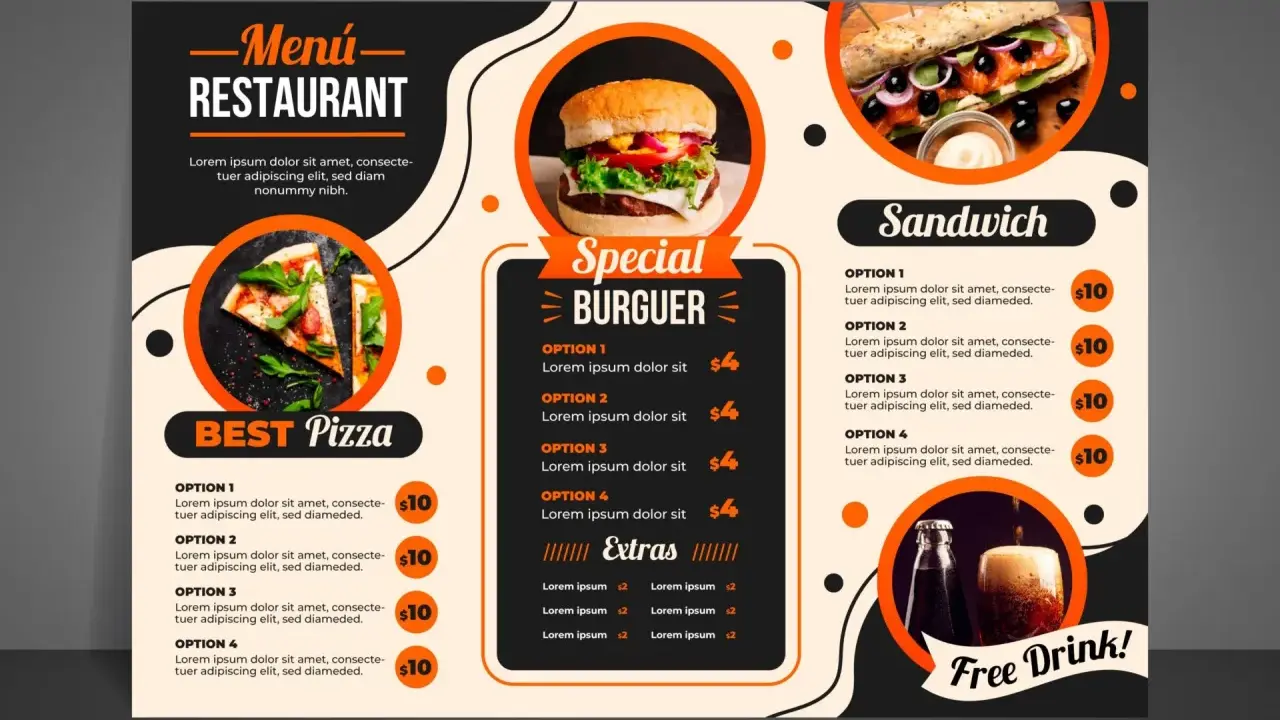Menús de bares con hamburguesas, pizzas y sándwiches. ¡Descubre las opciones y disfruta de una bebida gratis!