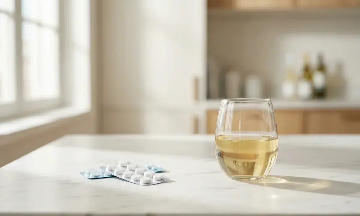 Na blacie leżą tabletki w blistrach, obok kieliszek białego wina. Amotaks i alkohol – niebezpieczne połączenie.