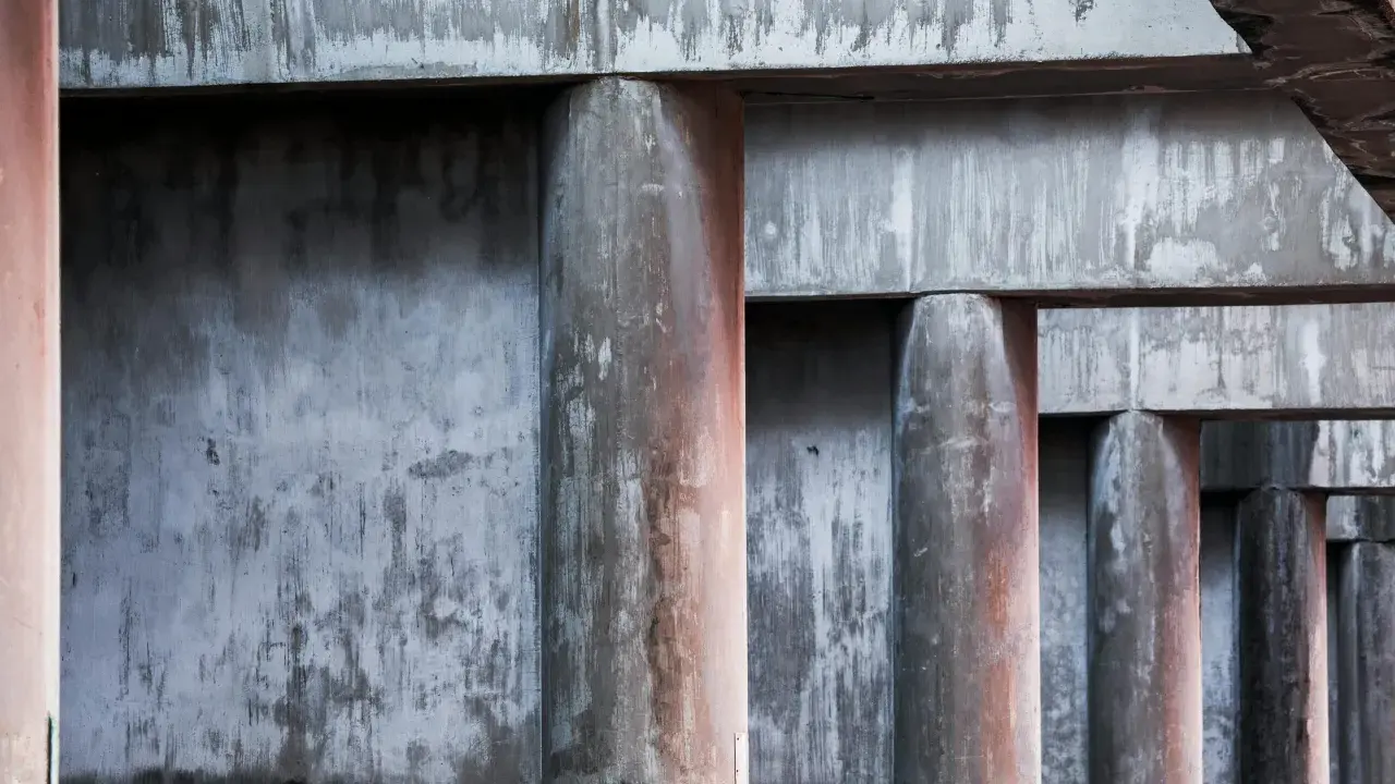 Columnas de hormigón con textura rugosa y marcas de agua, parte de un forjado de hormigón.