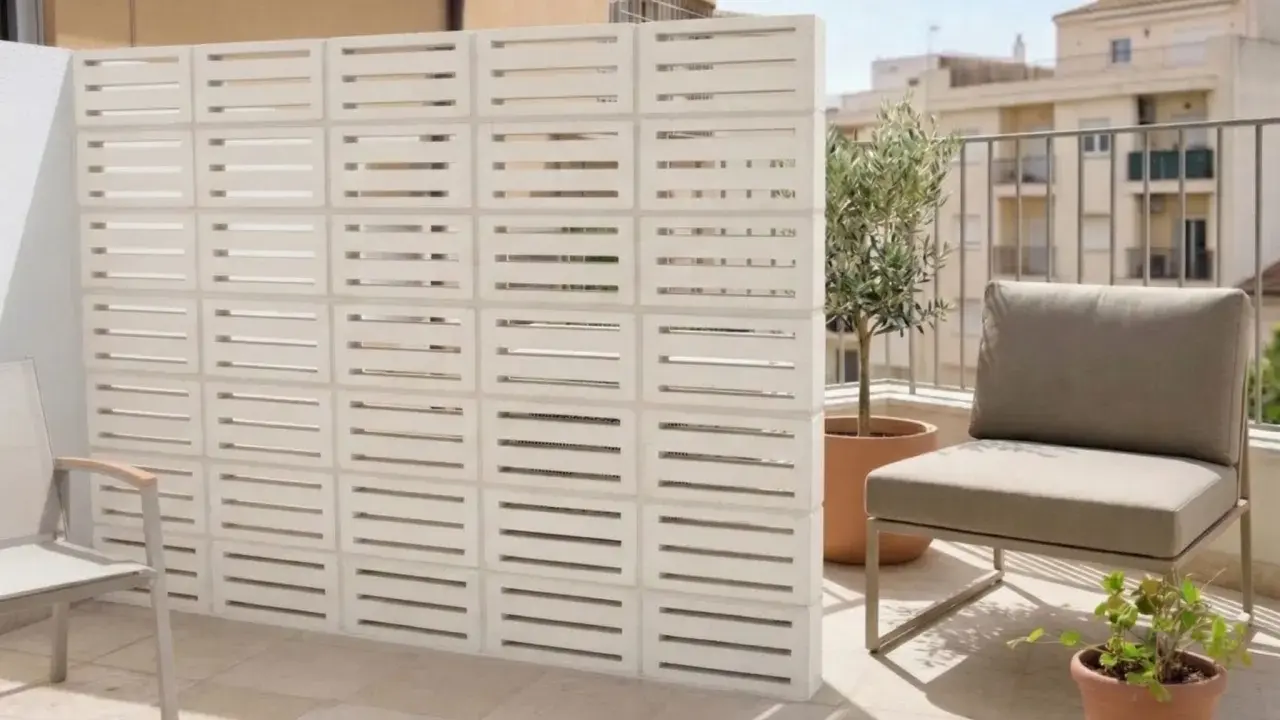 Muros cortina de bloques blancos con diseño de listones horizontales, creando un espacio exterior moderno con silla y plantas.