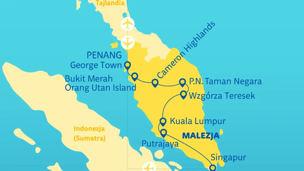 Mapa pokazuje trasę podróży przez Malezję, od Tajlandii po Singapur. Widać Penang, Kuala Lumpur i gdzie leży Singapur.