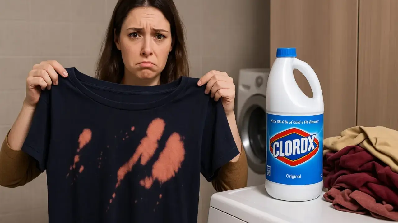 Smutna kobieta pokazuje ciemną koszulkę z pomarańczowymi plamami po wybielaczu. Obok butelka wybielacza Clorox i stos ubrań.