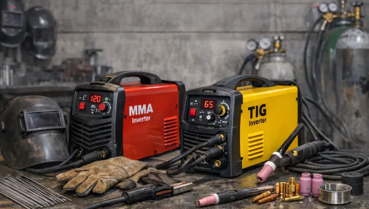 Dos máquinas de soldar, una roja MMA y una amarilla TIG, son ejemplos de qué es un soldador inverter. Incluyen equipo de soldadura y cascos.