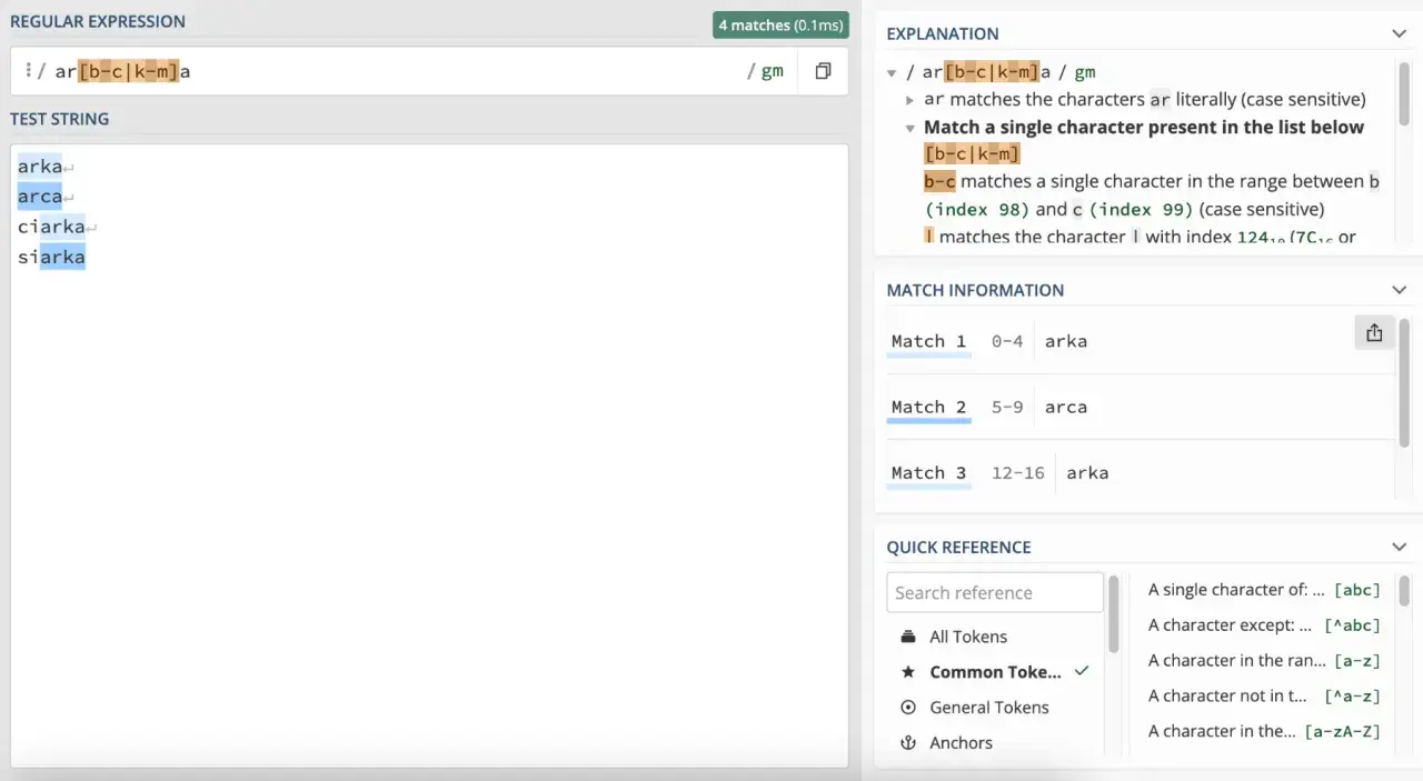 Java regex dopasowuje "arka", "arca", "siarka" w tekście, szukając wzorca "ar" z literą między b-m lub k-m, zakończone "a".