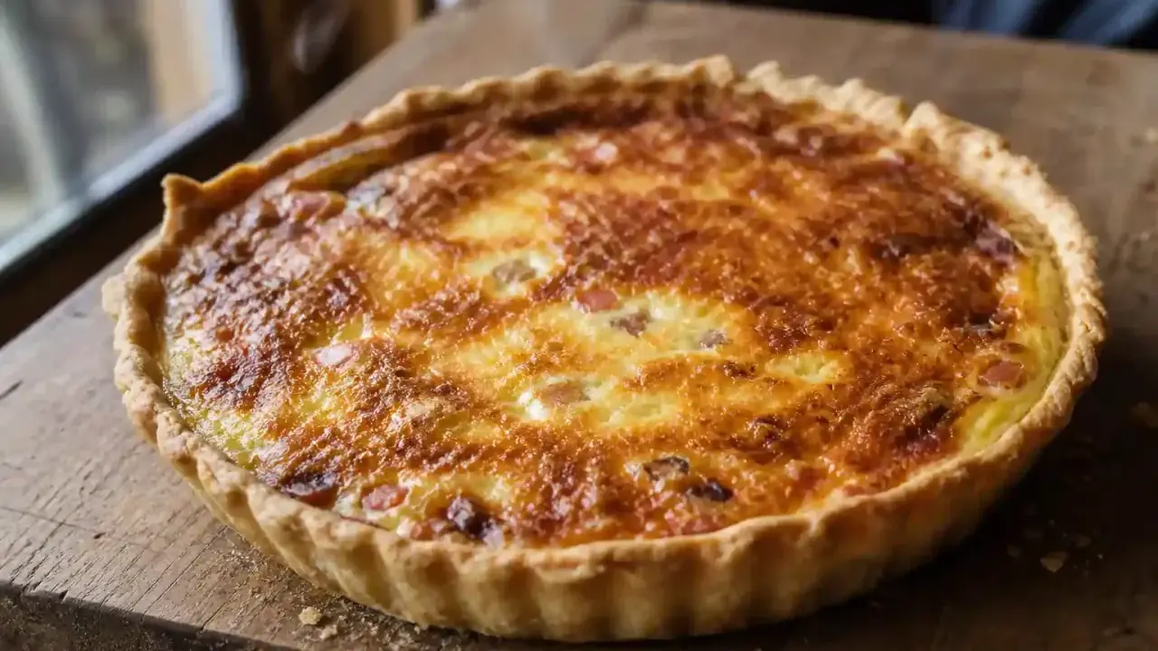 Une quiche lorraine dorée et appétissante, prête à être dégustée. Parfaite pour une recette facile et savoureuse.