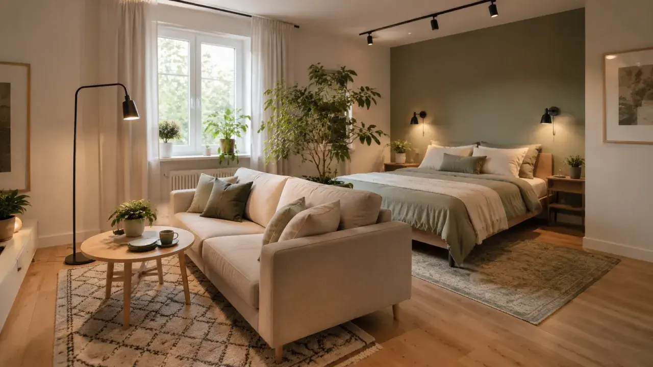 Przytulny salon z sypialnią. Jasna kanapa, okrągły stolik kawowy i duże łóżko tworzą idealne miejsce do relaksu.