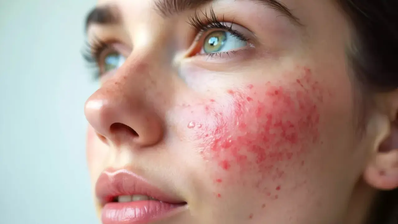 Gros plan sur le visage d'une jeune femme montrant un érythème du frottement sur la joue, avec des rougeurs et de petites pustules.