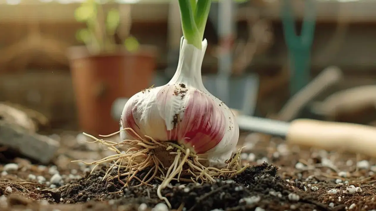 Une tête d'ail germée, prête pour la plantation. Le moment idéal pour savoir quand planter l'ail est maintenant, pour une récolte savoureuse.