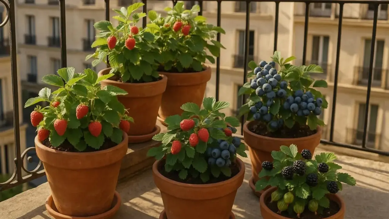 Un balcon parisien orné de framboisiers en pot, de fraises, myrtilles et groseilles, promettant une récolte gourmande.