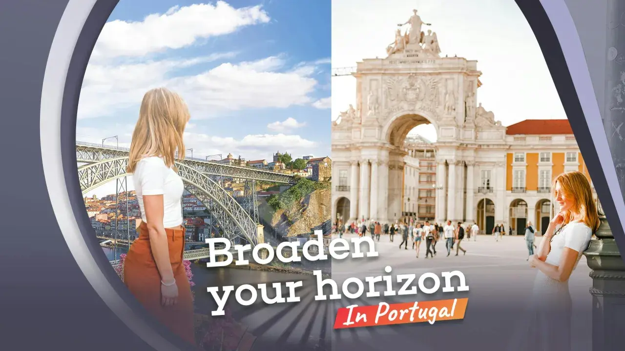 Frauen blicken auf die Brücke in Porto und den Triumphbogen in Lissabon. Entdecke Portugal!