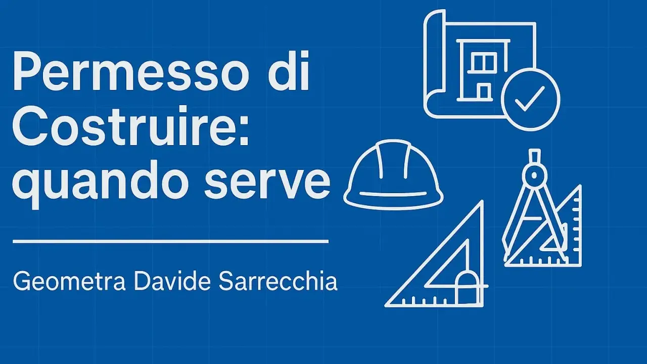 Permesso di costruire: quando serve. Icone di progetto approvato, casco, squadra e compasso. Geometra Davide Sarrecchia.