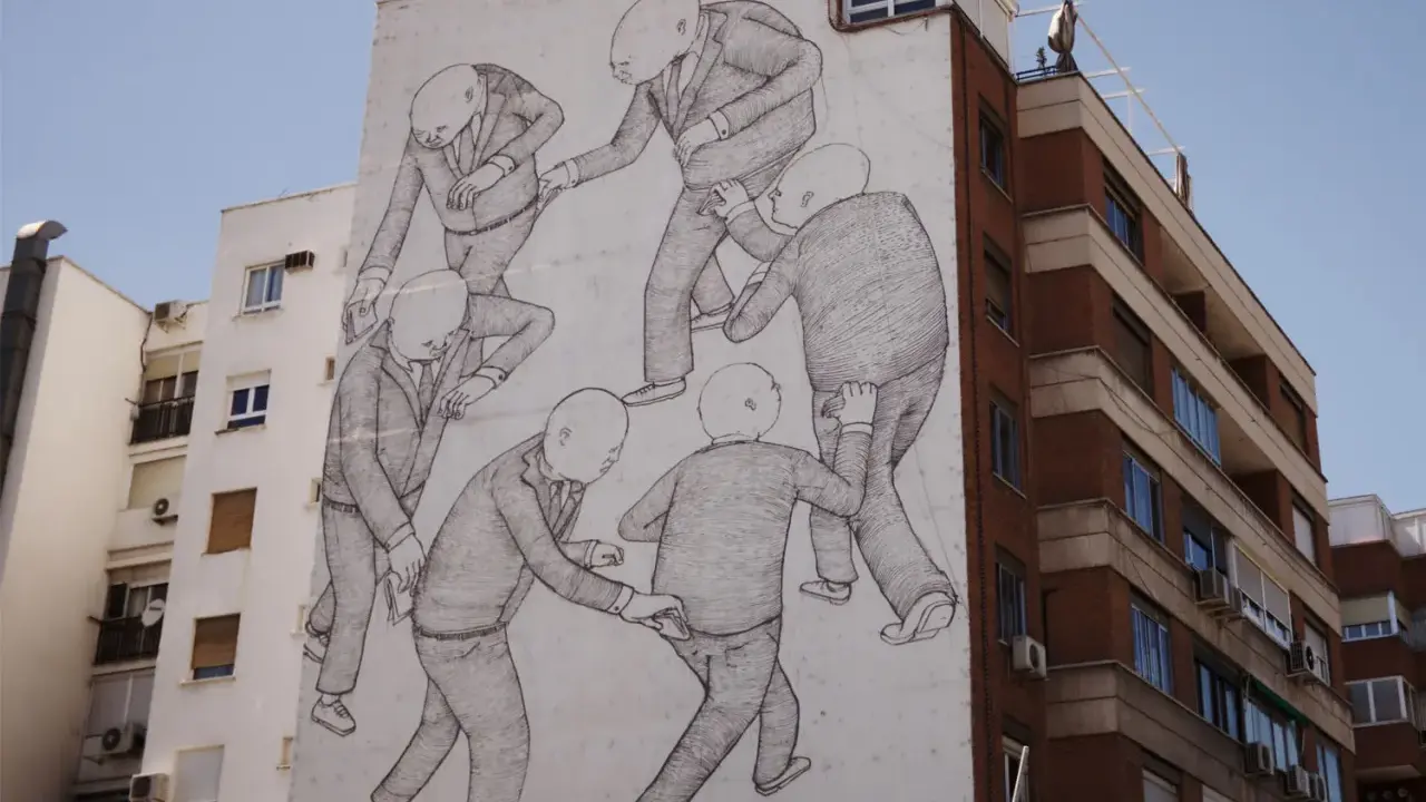 A striking street art style mural depicts a group of bald figures in suits, seemingly engaged in a peculiar, interconnected dance or struggle on a building's facade.
