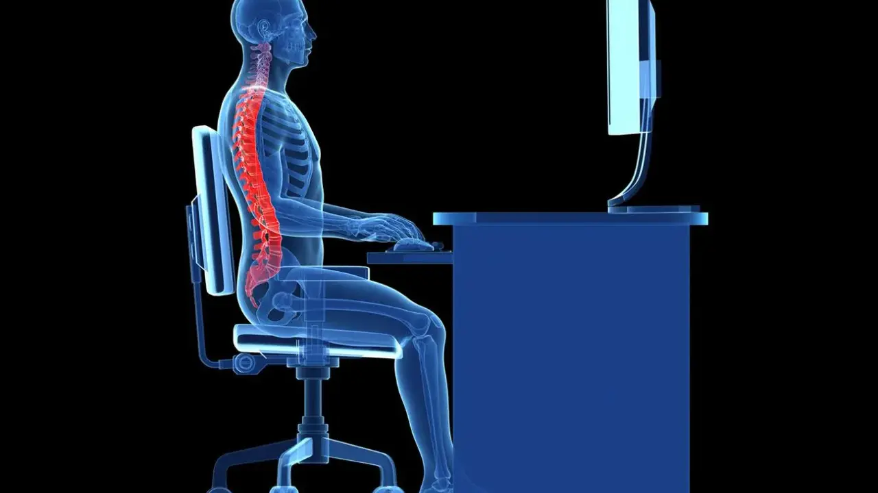 Illustration d'une colonne vertébrale rouge sur un squelette bleu assis à un bureau. L'ergonome définit la posture idéale pour éviter les douleurs.