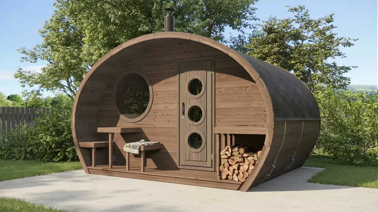 Fasssauna aus thermisch modifiziertem Holz mit runden Fenstern und Holzstapel.