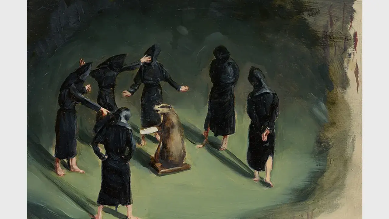 A group of figures in black robes gather around a taxidermied beaver in this unsettling painting by Michael Borremans.