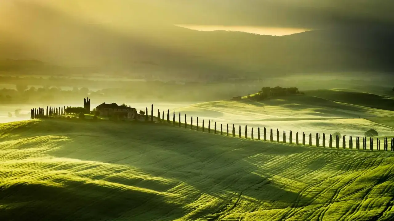 Dolci colline verdi illuminate dal sole del mattino, con un casale e un viale di cipressi che invitano a una vacanza in Val d'Orcia.