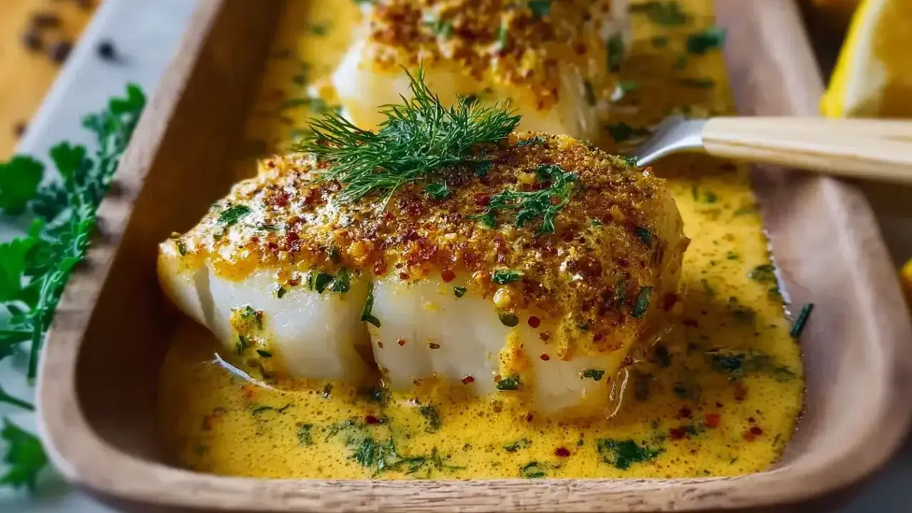 Zartes Fischfilet mit knuspriger Kruste in cremiger Sauce, ein köstliches Fischauflauf Rezept.