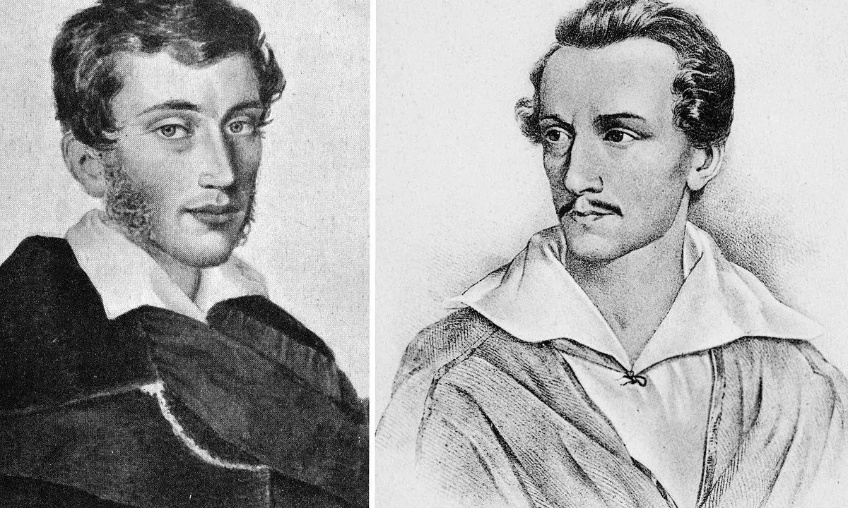 Dwa portrety: Adam Mickiewicz po lewej, Juliusz Słowacki po prawej. Dwóch wieszczów polskiego romantyzmu.