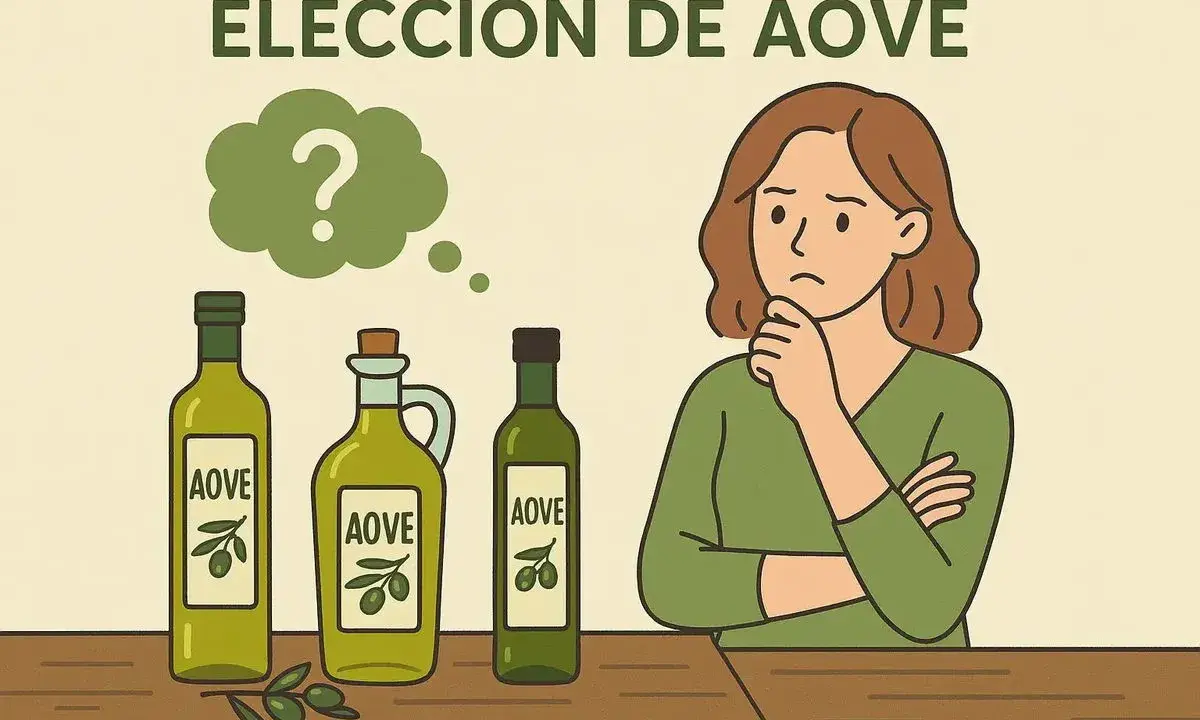 Mujer pensativa frente a botellas de AOVE, preguntándose qué significa virgen extra.