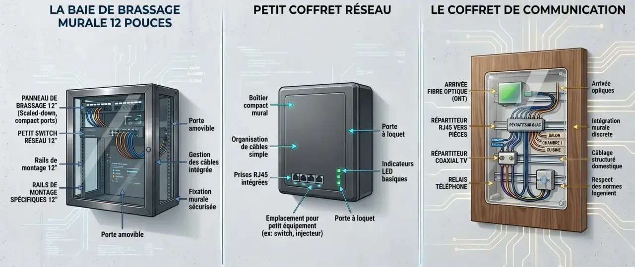 Illustration de trois solutions pour un réseau domestique : baie de brassage murale, petit coffret réseau et coffret de communication. Idéal pour organiser votre nas personnel.