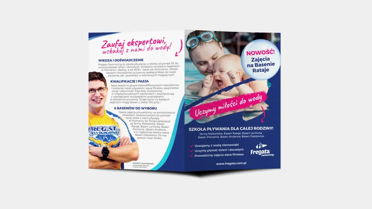Szablon ulotki Fregata Swimming: nauka pływania dla całej rodziny, zajęcia na Basenie Rataje. Zaufaj ekspertom, wskakuj z nami do wody!
