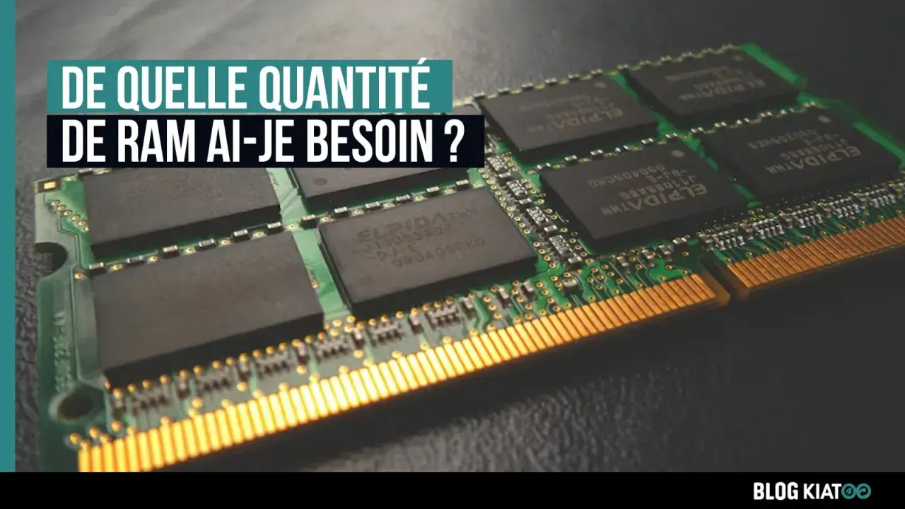 Une barrette de mémoire vive (RAM) avec des puces ELPIDA. Le texte demande "De quelle quantité de RAM ai-je besoin ?".